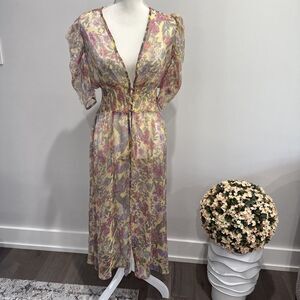 Life Love Eternity Maxi Sheer Dress Sz S Yellow Puff Sleeve Floral Coquette S